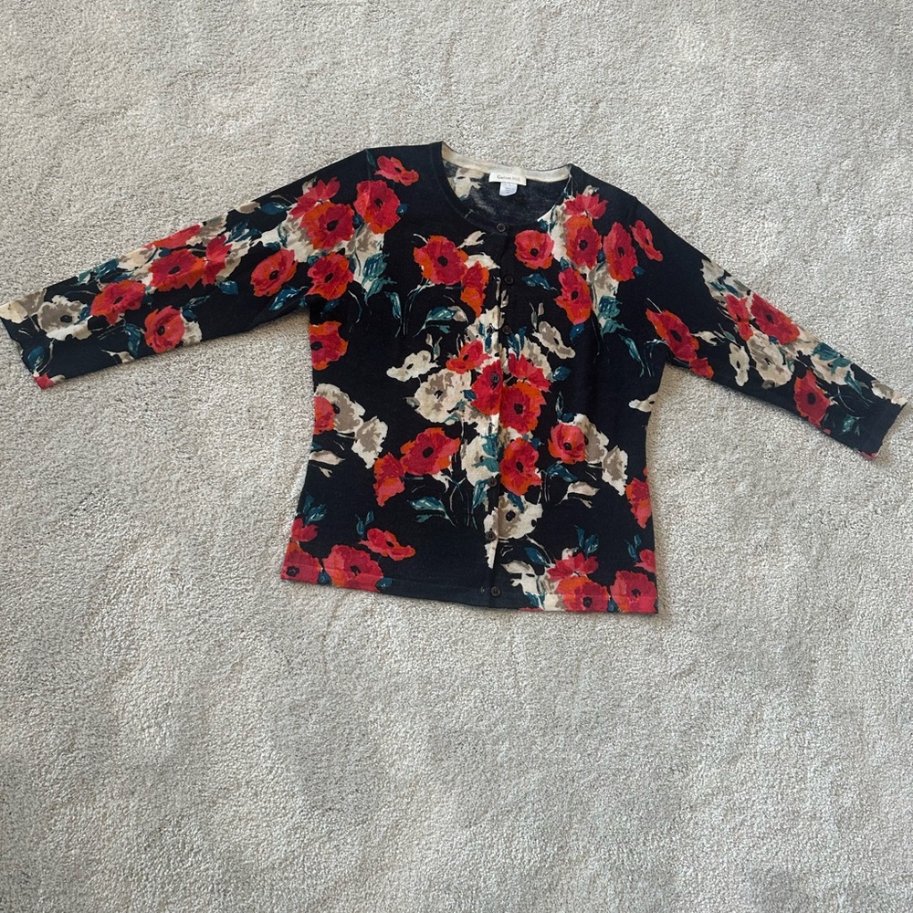 Garnet Hill Black Floral Cardigan Size Medium